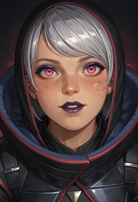 score_9,score_8_up,score_7_up,score_6_up,dark background,(close-up:1.3),(portrait:1.3),v0lt4ge,black gloves,fingerless gloves,black pants,black jacket,(black hood:1.2),black footwear,black armor,(grey hair:0.8),(short hair:0.8),dark-skinned female,purple lips,hooded jacket,black belt,navel,medium breasts,looking to the side,pink eyes,spikes,knee pads,purple eyeshadow,purple nails,freckles,<lora:MyTrainings\Temp\Apex\Wattson_Wicked_Voltage_Pony_ARZUMATA.safetensors:0.5>