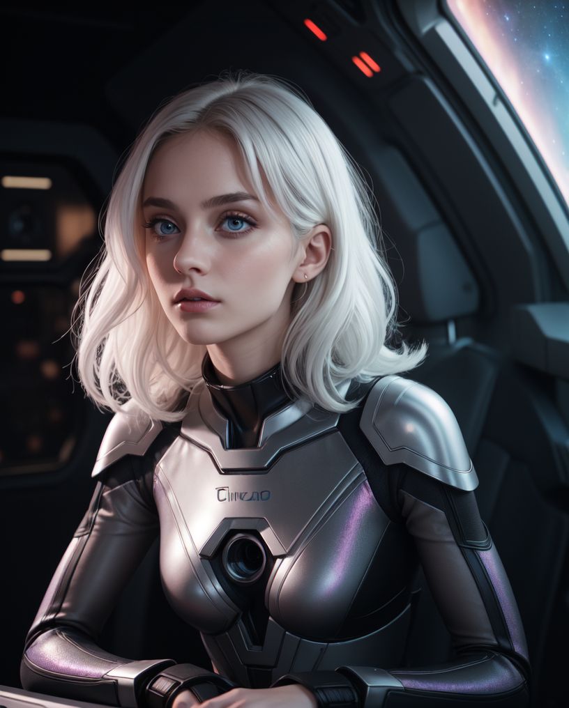 headshot:1.5 of Sn0frid_v2 face, (beautiful busty skinny british adult woman sitting in spaceship cockpit looking over shoulder at viewer:1.1), (cute face, over the shoulder:1.05), (movie still:1.05), side view, (spaceship cockpit:1.05), glowing holographic instruments, (beautiful face:1.051), from behind, smart fabric flightsuit:1.05, lightweight structured jacket with sharp geometric lines, utility belt, kneehigh boots, fingerless gloves, (large spaceship cockpit with highly polished flooring and stellar view), backlit hair, perfect face, feminine physique, (pale freckles:0.6), (black and silver accents), perfect eyes, low key, joystick, thin pouting lips, (hair with ombre tips:1.1), wide set soft turquoise eyes, skin pores, (small upturned nose:1.1), (pale skin), supernova, dramatic angle, eyelid shimmer makeup, silver eyeshadow, iridescent cheekbones, muted rose lips, deep space blue, (available light:0.7), BREAK, starlight silver, nebula pink, black hole black, planetary rings, asteroid clusters, geometric shapes, angular contours, Holographic control panels, chiaroscuro effects, reflective surfaces, starfilled skies, distant galaxies, shimmering surfaces, iridescent scifi materials, clean lines, modernistic details
