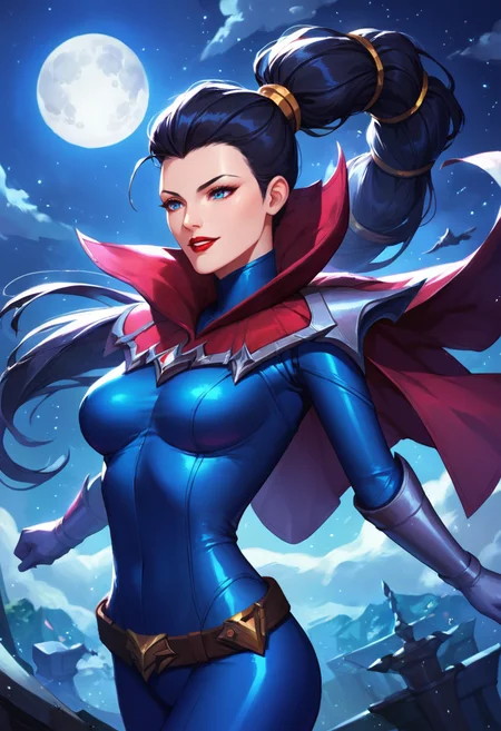 masterpiece,best quality, highly detailed, score_9, score_8_up, score_7_up, score_6_up,<lora:xl_more_art-full_v1:0.8>,source_anime,
BREAK
<lora:vayneXL:0.8>vayne, 1girl, moon, solo, black hair, long hair, night, weapon, bodysuit, full moon, breasts, goggles, holding, ponytail, cape, parted lips, blue bodysuit, smile, belt, red lips, gloves, medium breasts, boots