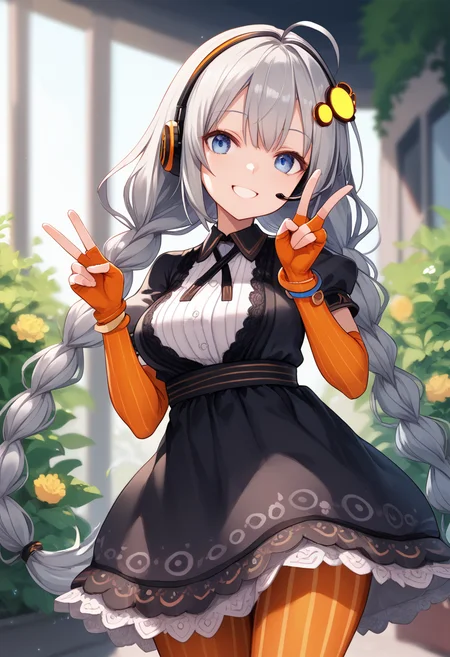 score_9, score_8_up, score_7_up,
<lora:KizunaAkari_MMD_Pony_V1:0.95>blue eyes, grey hair, ahoge, twin braids, braid, very long hair, hair ornament, hair tubes, headphones, headset,
black dress, lace-trimmed dress, short sleeves, puffy sleeves,
orange gloves, striped gloves, elbow gloves, fingerless gloves, bracelet,
orange pantyhose, striped pantyhose,
star print, star (symbol), vertical stripes,
outer space,,flower garden,,Depth of field, blur background,
smile,cowboy shot,huge brests,
smile,peace sign, double peace sign,