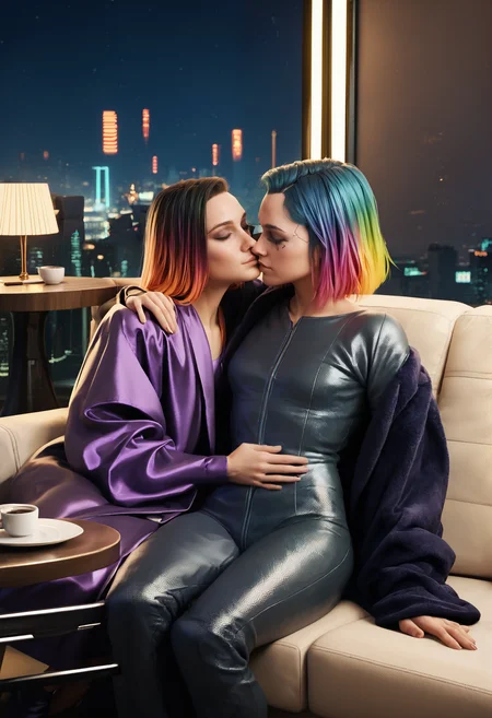 (zPDXL3) 2girls, beautiful, colorful hair, cyberpunk nightclub, sofa, chairs, bodysuit, robes, coffee table, low light, dark, (hugging:0.5), lounge, night, cityscape in the background