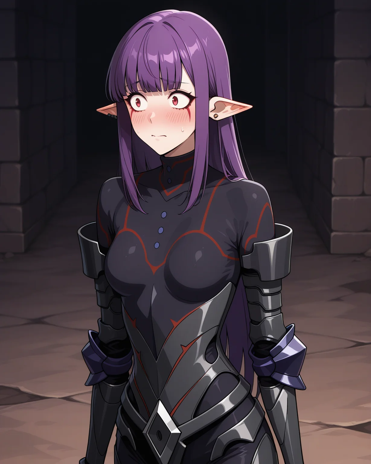 (black armor bodysuit:1.50),
sl-esil, red eyes, purple hair, blunt bangs, ear rings, ear piercings
medium breasts, 1girl, (solo:0.60), (skinny:0.8),
(masterpiece, highres, ultra-detailed,very aesthetic, best quality, absurdres, high quality, highres),
flustered,
,
(:1.10),
BREAK,
,
comic,
long hair sidelocks
<lora:sl-esil-V03-illXL-000003:0.90>