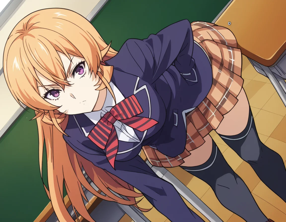 score_9, score_8_up, score_7_up, source_anime,
erinanakiri, <lora:erina-nakiri-s1-ponyxl-lora-nochekaiser:1>,
erina nakiri, long hair, orange hair, purple eyes, hair between eyes,
skirt, thighhighs, bow, school uniform, jacket, pleated skirt, shoes, black thighhighs, zettai ryouiki, plaid, plaid skirt, blazer,
indoors, classroom, bent over,
looking at viewer, cowboy shot, dutch angle, solo,
