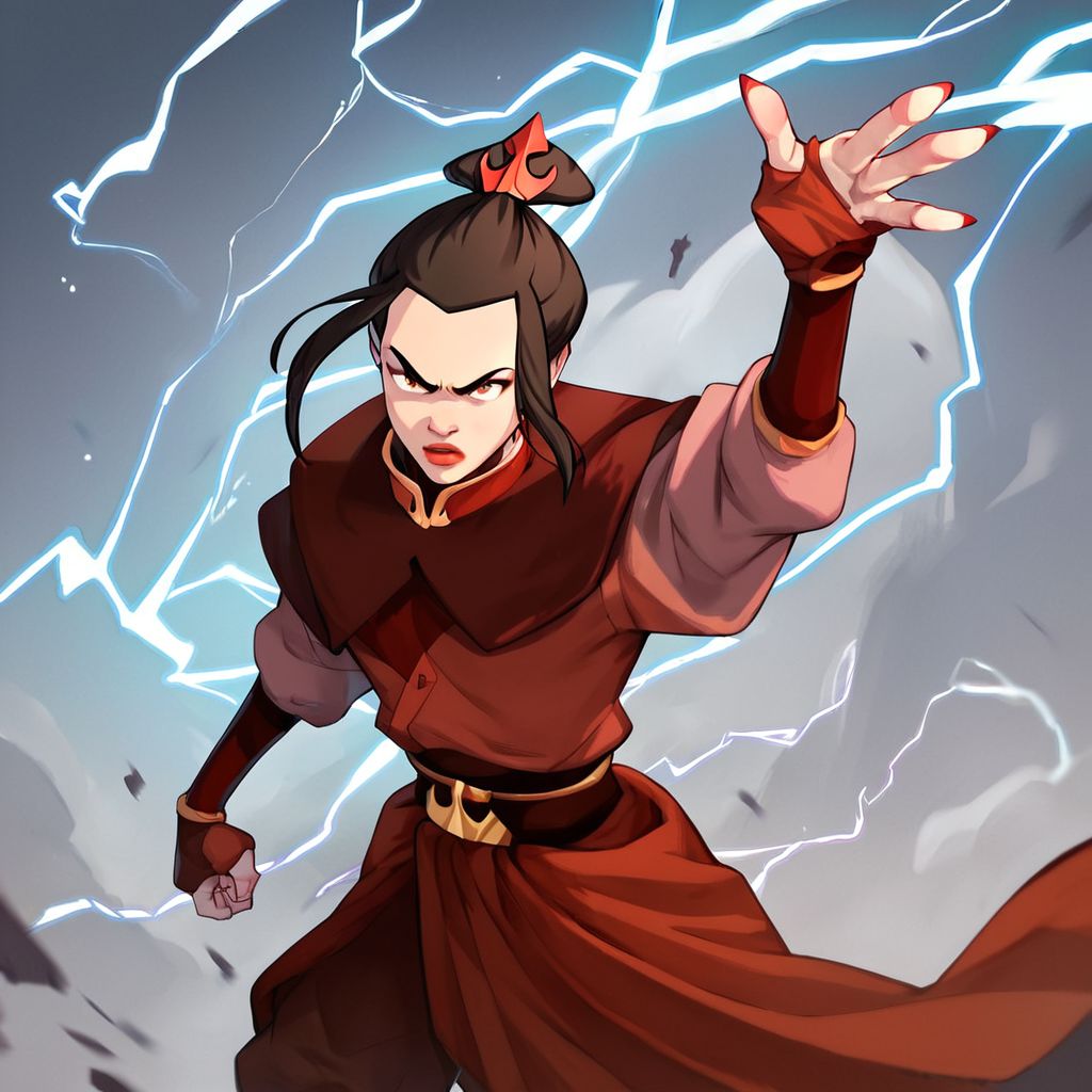 score_9, score_8_up, score_7_up, score_6_up, score_5_up, score_4_up, rating_safe, 1girl, Azula, fighting stance, surrounded by lightning