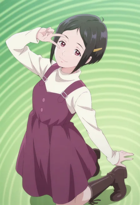 anime screencap, anime coloring, 1girl,  solo,   <lora:DX888AoiIL:1>kamimachi aoi, red eyes,  black hair, short hair, hairclip, pinafore dress, turtleneck sweater, boots BREAK green background, spiral background, BREAK dutch angle,  from above, from side, dynamic pose, posing,  smile,   v over eye, kneeling,