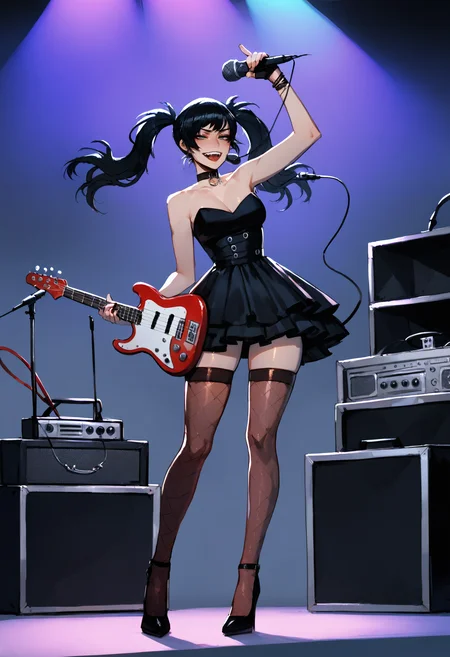 score_9, score_8_up, score_7_up, score_6_up, score_5_up, score_4_up,
<lora:Ratatatat74PonyXLv2:1> r4tr4t,
1girl, microphone stand, solo, cat, camera, guitar, instrument, long hair, thighhighs, twintails, high heels, dress, microphone, black hair, amplifier, bass guitar, shoes