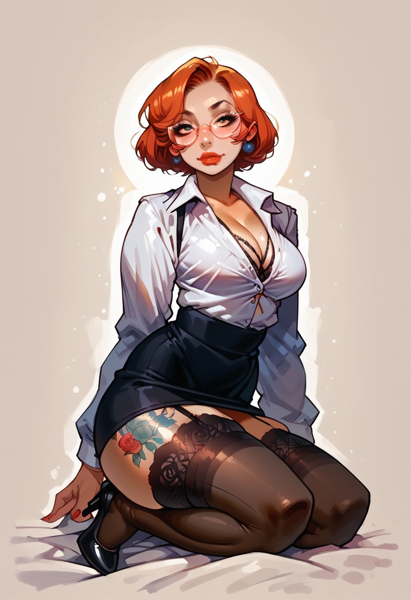 score_9, score_8_up, score_7_up, score_6_up, score_9, score_8_up, score_7_up, score_6_up, masterpiece,, perfect huge round butt, huge bubble butt, business_outfit, 1GIRL, SOLO,  GLASSES, THIGHHIGHS, SKIRT, BREASTS, HIGH HEELS, , GARTER STRAPS, UNDERWEAR, CLEAVAGE, TATTOO, SHIRT, LEG TATTOO, SHORT HAIR, LACE-TRIMMED LEGWEAR, BRA, WHITE SHIRT, 1GIRL, SOLO, GLASSES, THIGHHIGHS, SKIRT, BREASTS, HIGH HEELS,  GARTER STRAPS, UNDERWEAR, OFFICE LADY, CLEAVAGE, TATTOO, SHIRT,  SHORT HAIR, BRA, WHITE SHIRT, ground vehicle, next_to_car, business_outfit
