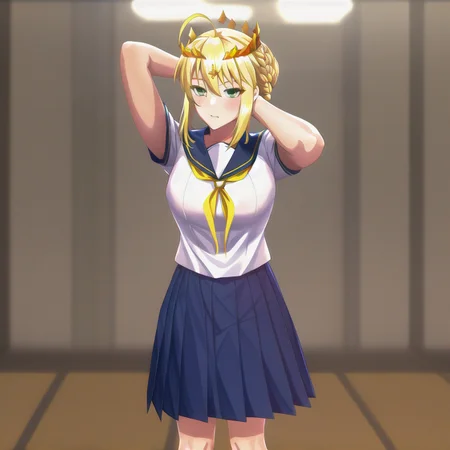 1girl, full body, blurry background, <lora:artolanc V4:1>, ahoge, blonde_hair, braid, crown, french_braid, green_eyes, hand, hands, arm, arms, looking_at_viewer, saber, solo, standing, sidelocks, dress, serafuku, school uniform, face, artolanc, (masterpiece), (best quality)