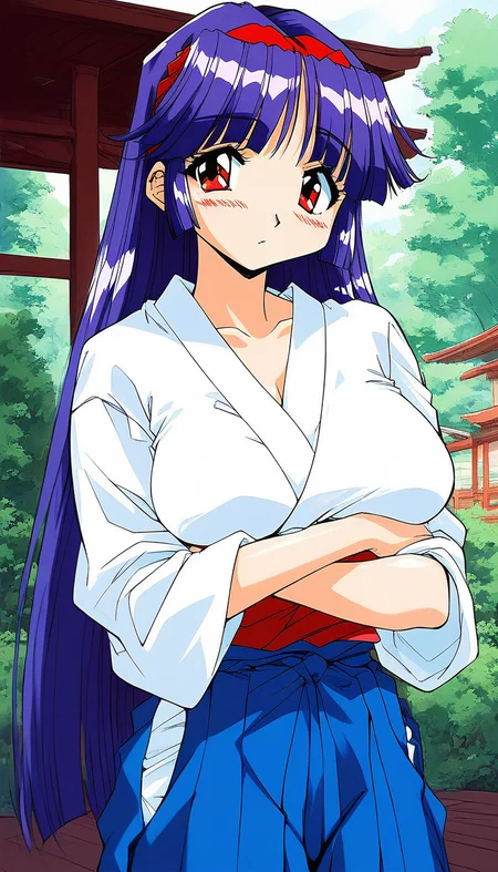 score_9, score_8_up, score_7_up, source_anime, rating_explicit, BREAK <lora:Shiraishi_Yumiko_Ver2.0_XL:1> ShiraishiYumiko, long hair, red eyes, red hairband, purple hair, large breasts, blunt bangs,
red muneate, 1girl, solo, japanese clothes, skirt, hakama, blue hair, hakama skirt, blush, outdoors, looking at viewer, blue hakama