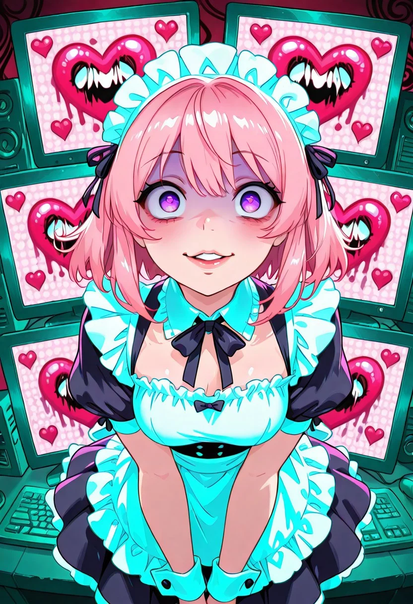 <lora:CivChan:1> CivChan, purple eyes, pink hair, maid outfit, medium breasts, pov_kiss, full lips, floating hearts, hearts, crazy eyes, yandere, insane, computer screens in background with static, heart balloons, glitter, pinkcore