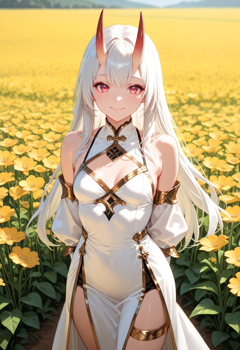 masterpiece, newest, absurdres, best quality, hires, 1girl, flower field, gloves, gold trim, oni, small breast, long hair, smile, thighlet, white dress, white sleeves, arms behind back