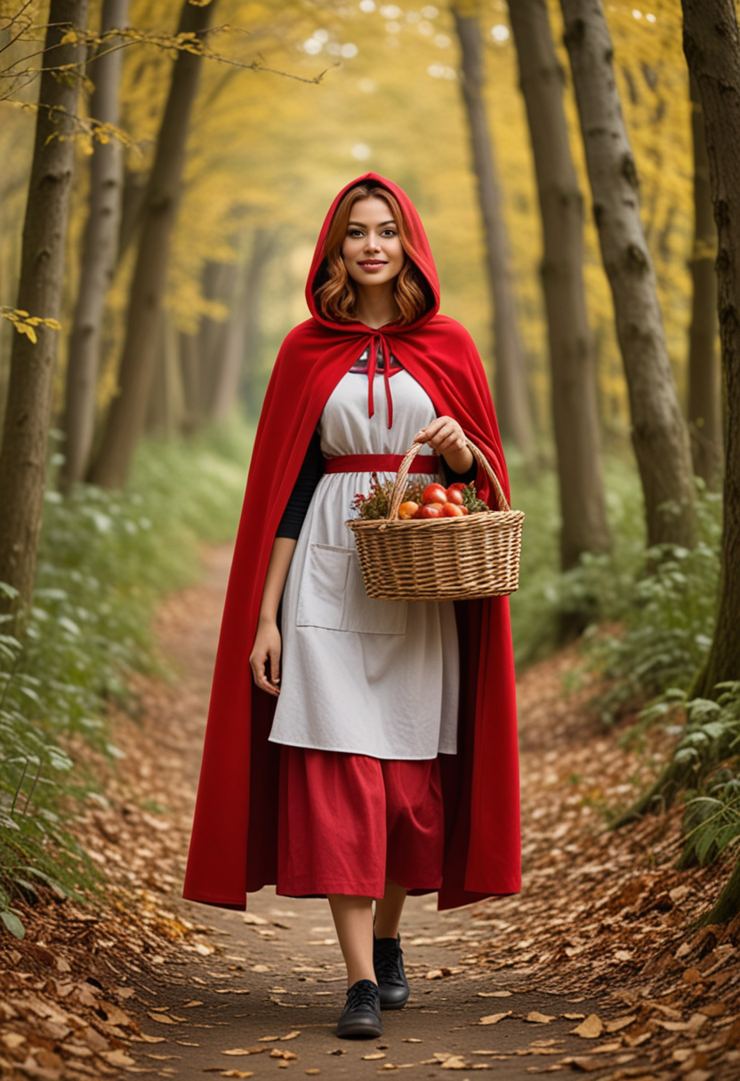 (medium full shot) of (playful red riding hood) young woman, indian, tan skin, light brown eyes, full-figured build, long ginger bob hair, wearing a scarlet hooded cape, layered dress with apron , practical walking shoes, black eyeshadow, carrying a small basket, set in  a serene woods, with rustling leaves, dappled sunlight, a gentle breeze, birds singing, and a sense of peace, woman smiling, Masterpiece,best quality, photo, realistic, very aesthetic, detailed face,