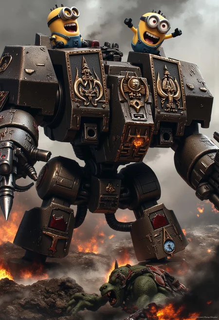 A Warhammer 40k Dreadnought stands in the midst of a battlefield, crushing an Ork under its foot. On each of the Dreadnought's shoulders, two Minions laugh hysterically, their yellow faces glowing with mischievous glee.