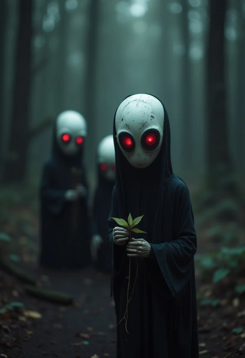 blind forest, close-up, 3 small nightmare creatures, white bare head, glowing maroon eyes, black goo body, a stick with a leaf on the end in his hands, telephoto, 200mm lens, depth of field, dark scene