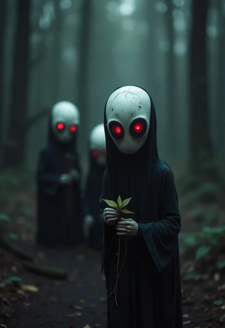blind forest, close-up, 3 small nightmare creatures, white bare head, glowing maroon eyes, black goo body, a stick with a leaf on the end in his hands, telephoto, 200mm lens, depth of field, dark scene