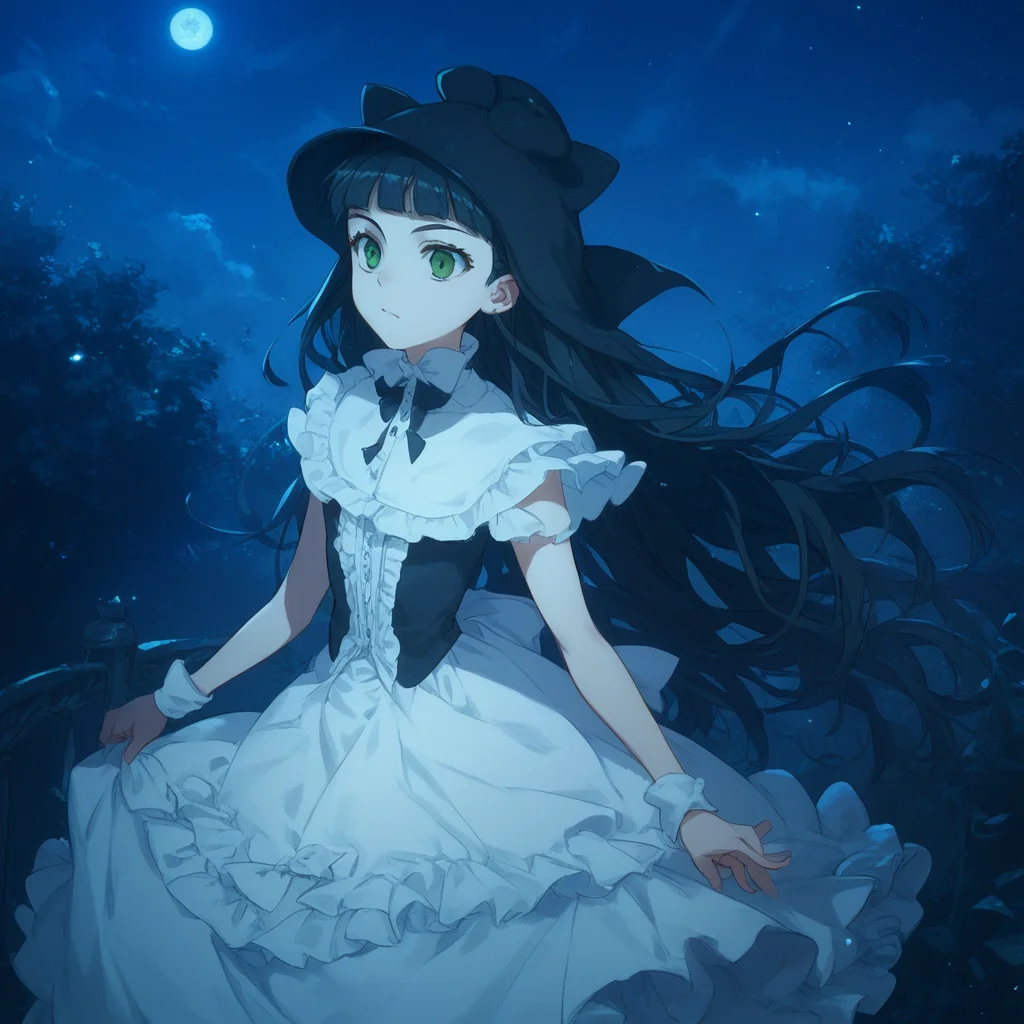 anime coloring, score_9, score_8_up, score_7_up, score_6_up, jane elves, toaru, 1girl, dark, green eyes, night, long hair, black hair, hat, bow, caplet, frilly dress