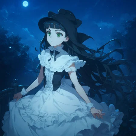 anime coloring, score_9, score_8_up, score_7_up, score_6_up, jane elves, toaru, 1girl, dark, green eyes, night, long hair, black hair, hat, bow, caplet, frilly dress