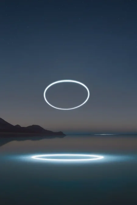 <lora:Photographer Reuben Wu Style:1>Photographer Reuben Wu Style - an image of a light ring in the sky over a body of water at night