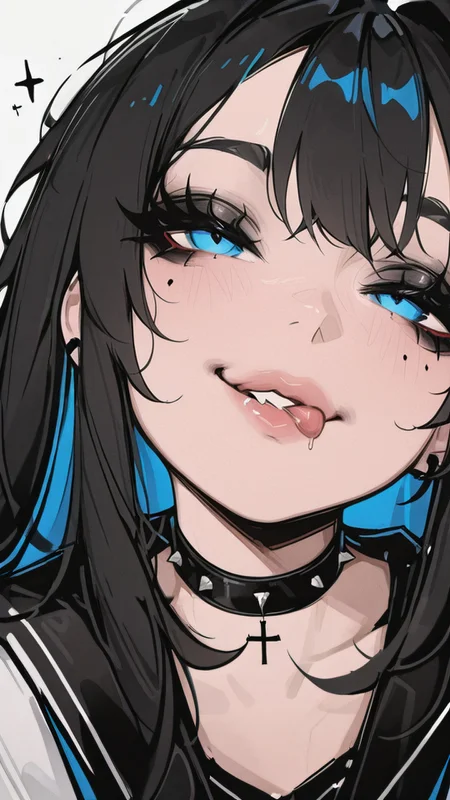 ,masterpiece,best quality,newest, <lora:Glamour_IL:1.0> mcglam, style, 1girl, solo, black hair, licking her lips, blue eyes