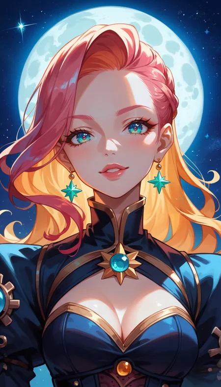 score_9, score_8_up, score_7_up, Anime Style, Portrait, Cosmic Steampunk Elf, cute, seductive, innocent, light smile:0.3, plump lips, slender body, space dust, Heavenly, rich vibrant vivid colors, full moon night background, depth of field, dynamic angle, fashion photography, sharp, hyperdetailed:1.15
