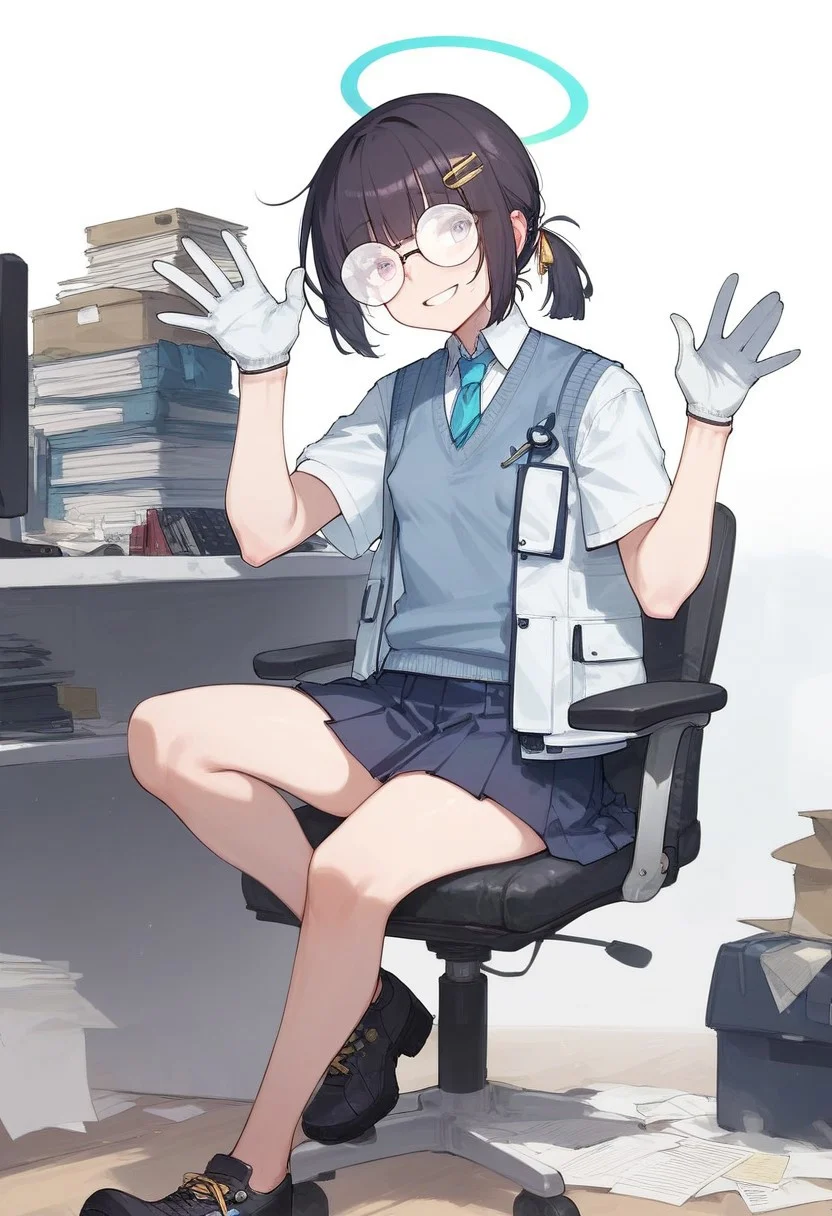 ((score_9, score_8_up, score_7_up)), masterpiece, best quality,high res image,
millennium-mob-a, 1girl, glasses,black hair,short ponytail, halo,
blue necktie, sweater vest,white jacket,pleated skirt, black footwear,white gloves
nipple bulge,
beautiful detailed face, highly detailed eyes, beatiful eyes, small breasts,
solo, smile, sitting, looking at viewer, waving hands, full body,
karasuchan1204 style,
simple background, office, work desktop, working chair, paper on desk,