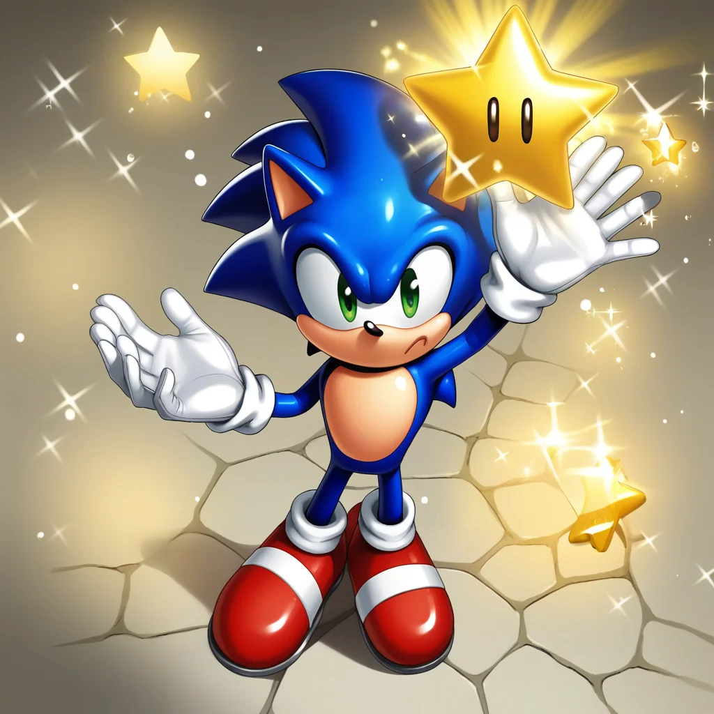 score_9, score_8_up, score_7_up, score_6_up, score_5_up, score_4_up, zPDXL2,source_anime,rating_questionable, <lora:SuperStar:0.8> sup3rst4r, star (symbol), sparkle, arm up, open hand, high angle, sonic the hedgehog, smile,