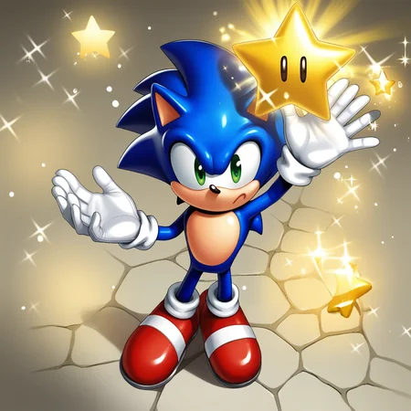 score_9, score_8_up, score_7_up, score_6_up, score_5_up, score_4_up, zPDXL2,source_anime,rating_questionable,  <lora:SuperStar:0.8> sup3rst4r, star (symbol), sparkle, arm up, open hand, high angle, sonic the hedgehog, smile,