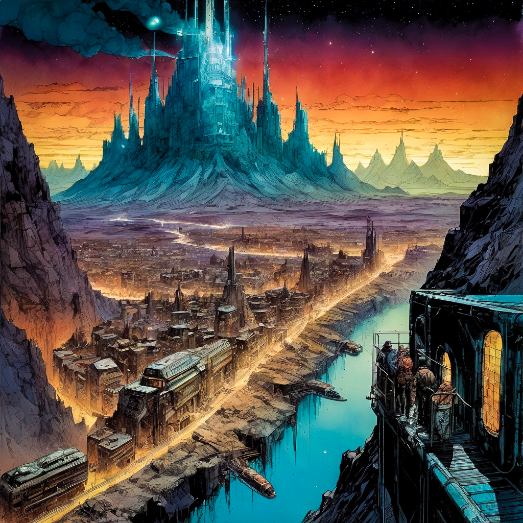 enki bilal inspired french comics art "a mountain range made entirely of glass, its peaks refracting the setting sun's light into a spectacle of colors, nestled in its valleys, a network of tunnels glowing with bio-luminescence", the contrast in colors and textures should be distinct highly detailed,sense of motion,dramatic lighting,grainy texture,vibrant yet slightly desaturated,retro-futuristic,surreal
