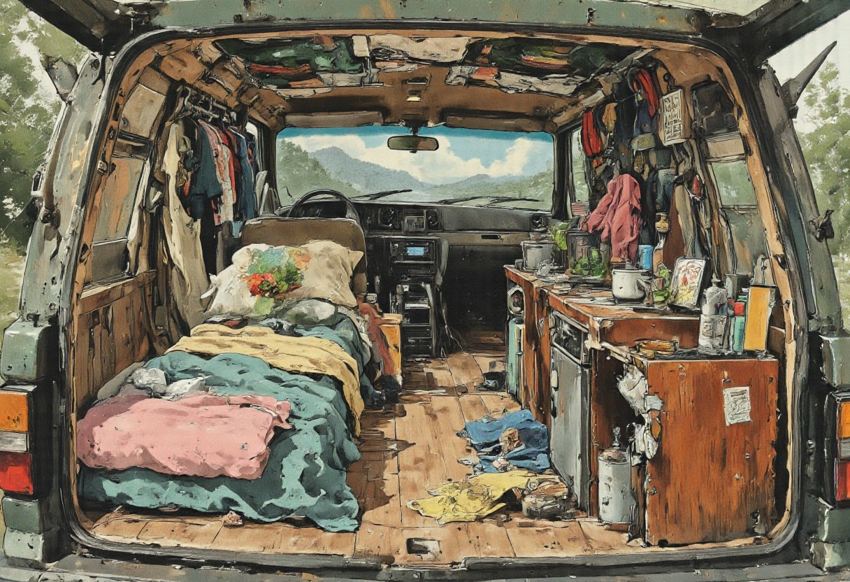 A compact hatchback parked on a sun-dappled suburban driveway, its rear hatch wide open to reveal an astonishingly organized and detailed microcosm of a life well-lived. Inside, an intricate Tetris of possessions unfolds, with each item meticulously packed to utilize every inch of space. The backseats are folded down, creating a flat surface that holds a neatly made bed with a travel pillow, a rolled-up yoga mat, and a mini refrigerator stocked with a rainbow of healthy snacks. Suspended from the ceiling is a hammock filled with plush toys and books, symbolizing childhood memories and comfort. A series of hooks and rods display an impressive wardrobe of clothes that range from business attire to hiking gear, each garment neatly folded or hanging in a way that suggests a life of adventure and professionalism. A collapsible desk is set up beside the driver's seat, equipped with a laptop, a potted plant, and a few framed photos of loved ones, hinting at a mobile office. A portable cooking station is nestled in the corner, with a tiny stove, pots, pans, and a collection of spices that speak to a love for gourmet cuisine. The dashboard is a command center with a GPS, a road trip playlist, and a collection of handwritten notes and ticket stubs from past journeys. The windshield reflects a scenic horizon, suggesting the open road and endless possibilities ahead.