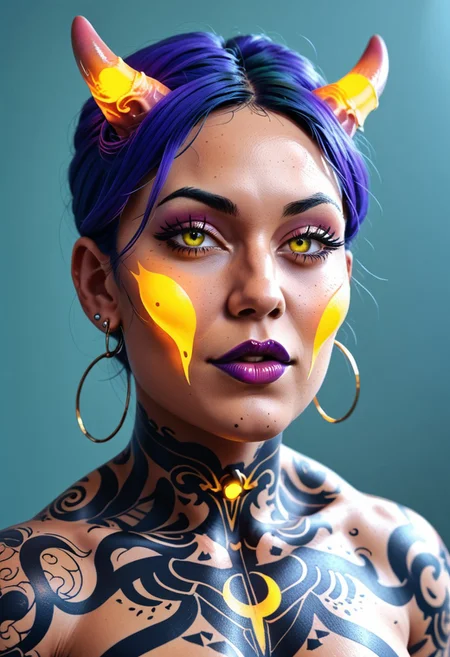 1girl, cute, thin slutty, alien, multiple alien horns,(yellow glowing hair tentacles) , dark purple skin, plump lips, small purple nipples, (dynamic lighting),(dynamic angle), violet lipstick, portrait , (black tattoo spots on the body), seductive, (loving eyes:1.3) , source_cartoon, glowing yellow iris, (dynamic angle),
earrings, naval piercing
masterpiece,best 
quality,highres,highly_detailed,absurdres,
style of Richard Corben, artbook illustration, invncbl
score_9, score_8_up, score_7_up, score_6_up,score_5_up,score_4_up,