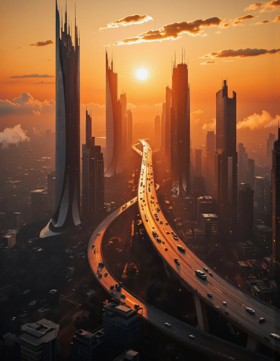 Futura. A futuristic cityscape at sunset, captured from a bird's eye view. the scene is dominated by tall skyscrapers and a long, winding highway that stretches into the distance, illuminated by the warm, orange glow of the setting sun. the cityscape is filled with a mix of modern and traditional architecture, with the tall buildings standing out against the misty atmosphere. on the left side of the image, a tall, spire-like structure stands out, adding a touch of elegance to the otherwise monochromatic scene. the sky is a deep orange, with a few wispy clouds scattered across it, creating a sense of depth and dimensionality. the overall atmosphere is one of a vast, bustling cityscape, with no other buildings or structures in sight. <lora:Futura-000005:1>