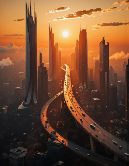 Futura. A futuristic cityscape at sunset, captured from a bird's eye view. the scene is dominated by tall skyscrapers and a long, winding highway that stretches into the distance, illuminated by the warm, orange glow of the setting sun. the cityscape is filled with a mix of modern and traditional architecture, with the tall buildings standing out against the misty atmosphere. on the left side of the image, a tall, spire-like structure stands out, adding a touch of elegance to the otherwise monochromatic scene. the sky is a deep orange, with a few wispy clouds scattered across it, creating a sense of depth and dimensionality. the overall atmosphere is one of a vast, bustling cityscape, with no other buildings or structures in sight. <lora:Futura-000005:1>