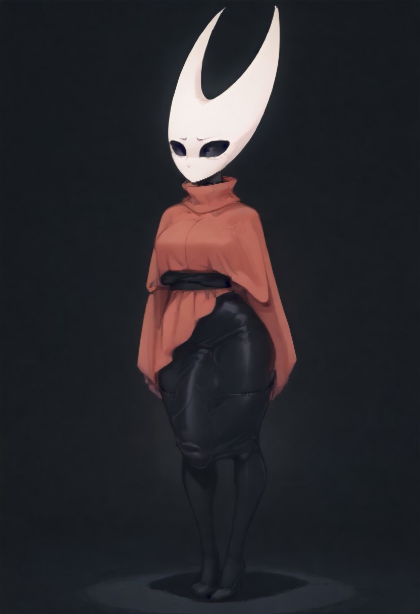 score_9, score_7_up, depth of field,  sidelighting, 1girl, futanari, solo, source_anime, legs, arched back,  on side, looking at viewer,  sticker, outline,  large breasts,
fpo_down, red cloak, black skin, hornet_hk, bulgedleg_dress, full body, fullbody, 
black background, simple background, from thighs up. thigh up, cowboy shot, colorful