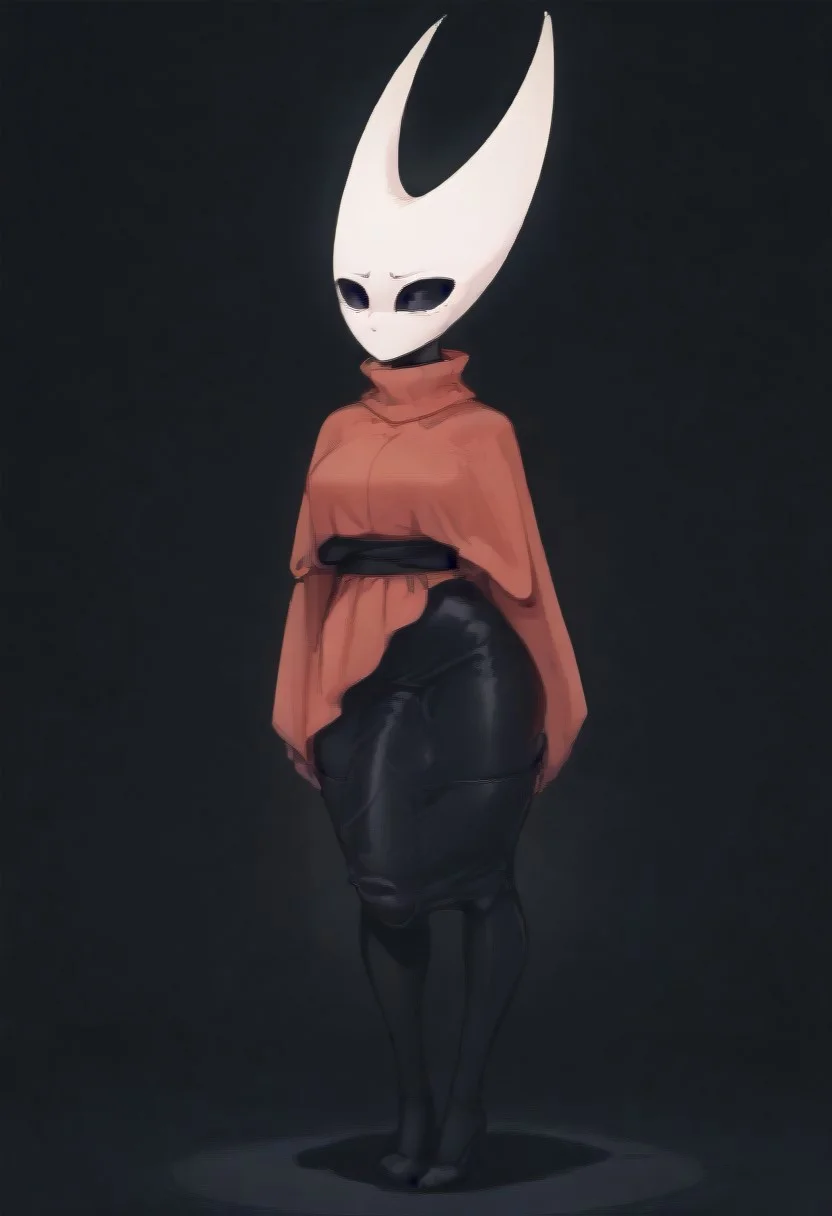 score_9, score_7_up, depth of field,  sidelighting, 1girl, futanari, solo, source_anime, legs, arched back,  on side, looking at viewer,  sticker, outline,  large breasts,
fpo_down, red cloak, black skin, hornet_hk, bulgedleg_dress, full body, fullbody, 
black background, simple background, from thighs up. thigh up, cowboy shot, colorful