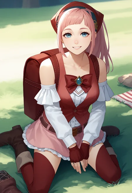 score_9, score_8_up, score_7_up, source_anime BREAK 1girl, solo, <lora:felicia-fe-richy-v2_pdxl:1> flcpcnc, blue eyes, pink hair, long hair, ponytail, bandana, breasts, white bow, red vest, detached sleeves, long sleeves, white sleeves, bare shoulders, fingerless gloves, red gloves, belt, pink skirt, red thighhighs, looking at viewer, smile, outdoors, sitting, kneeling, picnic, boots, backpack