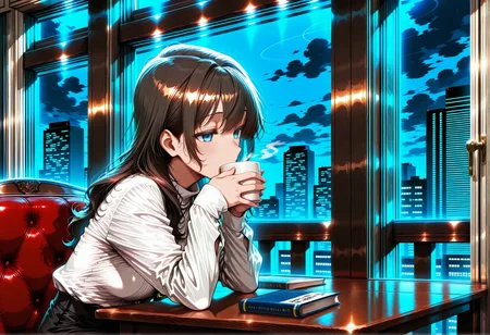 1girl,
1girl, drinking coffee, sitting at café table, book, window, rainy cityscape, solo, long sleeves,,
<lora:fav_Mature_Ver3.0:1>, masterpiece, best quality, very aesthetic, absurdres, newest ,, <lora:dmd2_sdxl_4step_lora_fp16:1>,