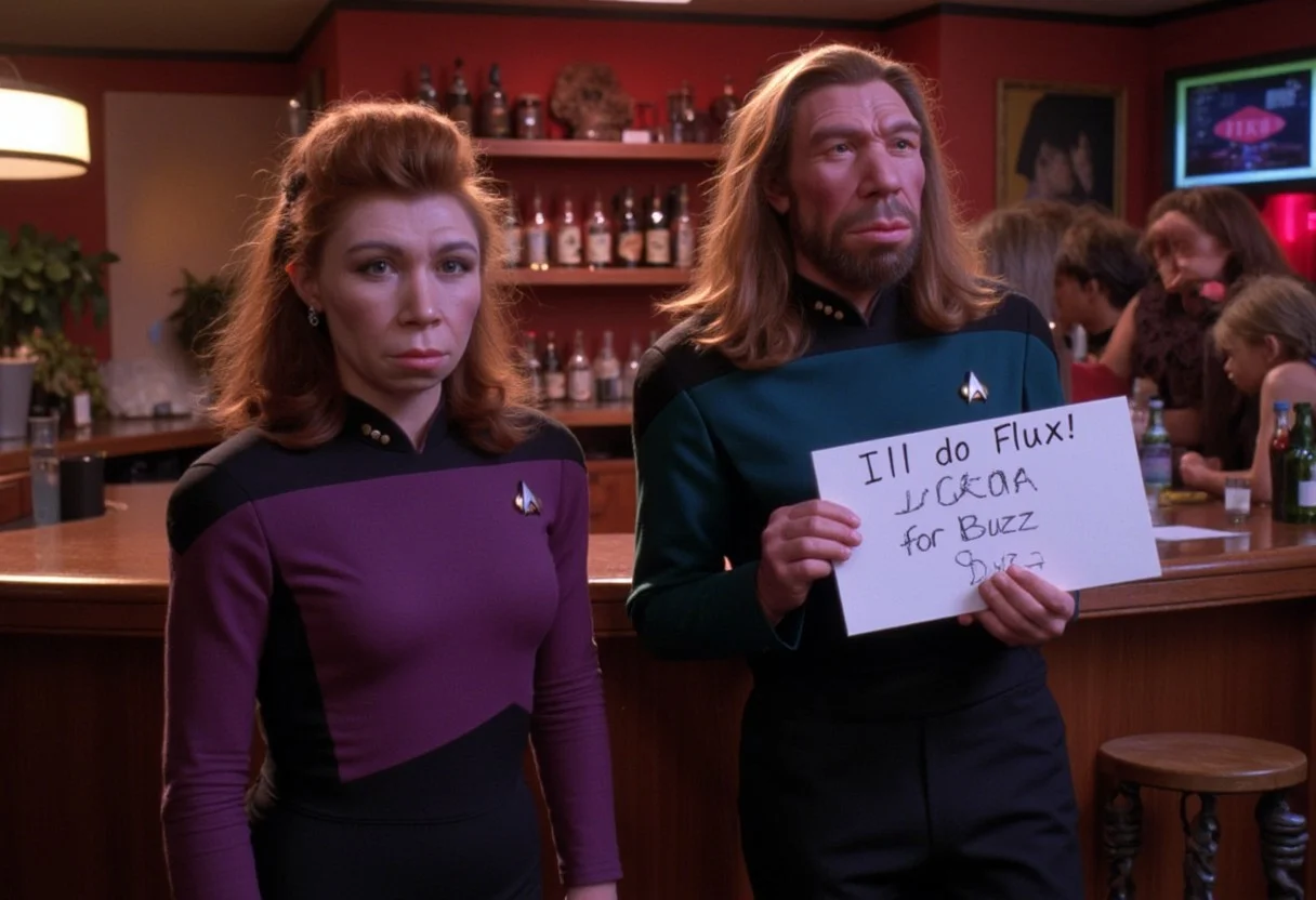 A neanderthal man and a neanderthal woman enter in a bar. Surreal cyberpunk background. Neanderthal man dressed in TNG uniform,neandertal woman wear a futuristic TNG uniform. Neanderthal man holding a sign that say "I'll do Flux1 LORA for Buzz",