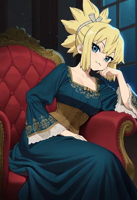 kohaku_(dr_stone), :3, masterpiece, best quality, amazing quality, ultra detailed, solo, 1girl, adult, long dress, wide sleeves, ornate dress, corset, victorian dress, sitting, armchair, brocade, reclining, leaning on side, chin down proud, indoors, night, particles, cowboy shot,