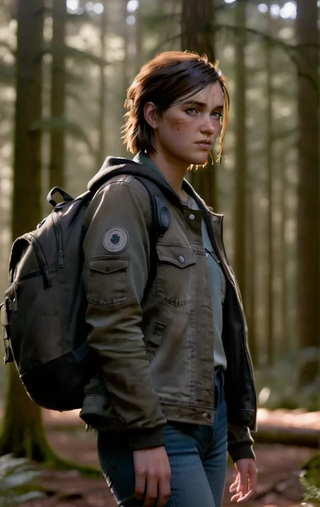 photo of ohxw, ellie, tattoo on left arm, jacket and jeans standing, backpack, short hair, face details, forest, low key lighting, eye level, <lora:2ellie-000003:1>