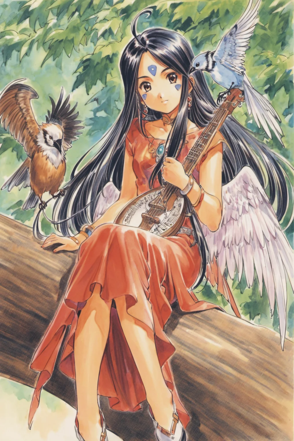 Skuld, 1girl, bird, solo, long hair, instrument, facial mark, dress, forehead mark, tree, jewelry, black hair, sitting, earrings, in tree, traditional media,<lora:Kosuke Fujishima_XL:0.8>