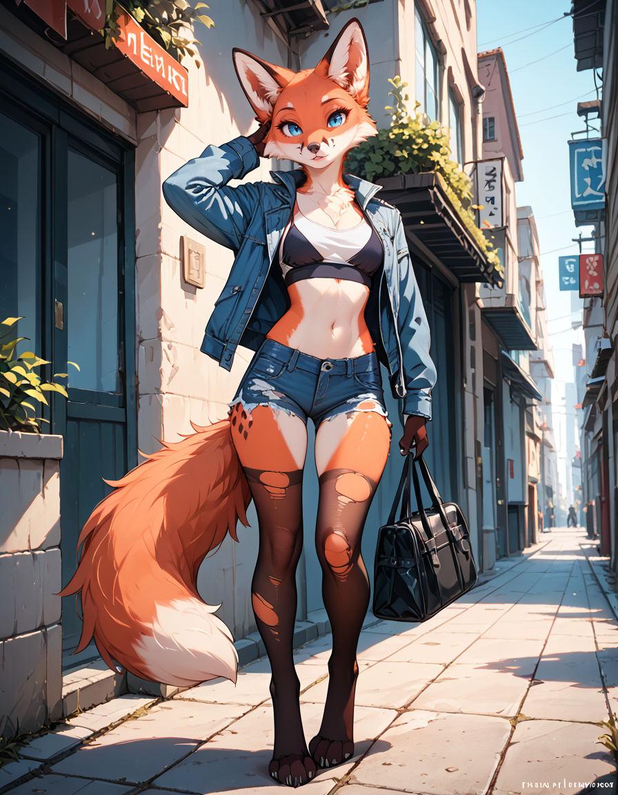 score_9,score_8_up,score_7_up,score_6_up,
outdoors,city, 
full body,seductive smile,parted lips,long eyelashes,
standing, barefoot, pose,
torn pantyhose,denim shorts,crop top,denim jacket, 
 <lora:Foxy_v02_PDXL:1>,Foxy,1girl,solo,furry female,fox girl,fox tail,body fur,two-tone fur,orange fur,white fur,fox ears,animal ear fluff,blue eyes,snout,animal nose,
<lora:add-detail-xl:1>,
