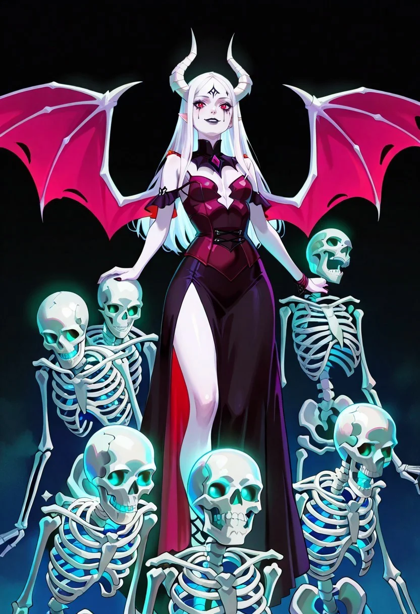 masterpiece, best quality, newest, absurdres, highres, anime, anime style, 1girl, white skin, white colored skin, pale skin, albino, albino skin, horns, demon horns, demon girl, succubus, wings, bat wings, demon wings, goth, goth girl, goth makeup, runny makeup, smile, grin, closed mouth, Necromancer-IL-V1.0, Necromancer-IL-V1.0-Minions, skeletonminions, skeleton, skeletons,