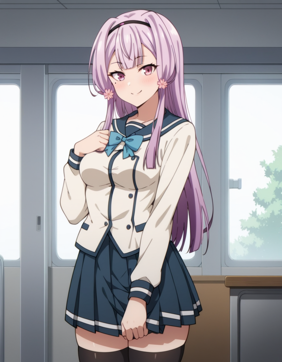 score_9, score_8_up, score_7_up, source_anime, uncensored, <lora:StS_detail_slider_v1:3>, zPDXLxxx, <lora:Sakura_Akino_PONYXL_VexVexX:1>, SakuraAkino, 1girl, pink eyes, pink hair, long hair, sidelocks, hair ornament, hair flower, hairband, mole under eye, bangs, medium breasts, school uniform, serafuku, black thighhighs, pleated skirt, long sleeves, blue bow, cowboy shot, indoors, from front, Strike a pose with a futuristic vibe, incorporating sleek lines, angular shapes, hinting at a sci-fi narrative, thighs, looking at view, smile,