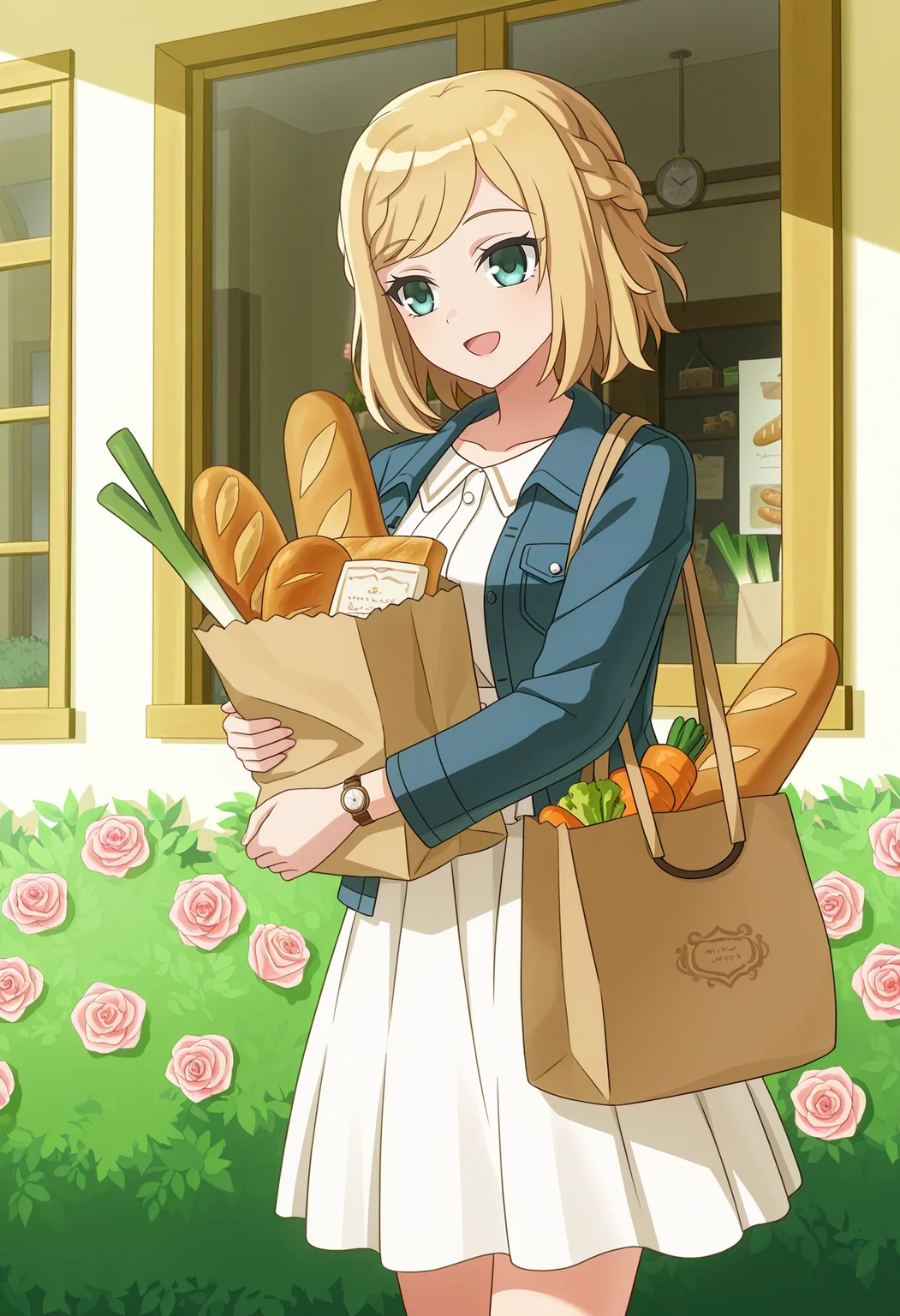 <lora:Fine Cavendish-000034:1>,
Fine Cavendish,solo,bread,food,groceries,window,braid,flower,bag,grocery bag,baguette,shopping bag,pink flower,paper bag,white skirt,holding bag,spring onion,watch,smile,blue jacket,skirt,bush,jacket,holding,pink rose,long sleeves,rose,carrot,vegetable,open mouth