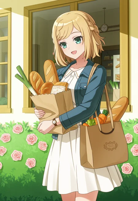 <lora:Fine Cavendish-000034:1>,
Fine Cavendish,solo,bread,food,groceries,window,braid,flower,bag,grocery bag,baguette,shopping bag,pink flower,paper bag,white skirt,holding bag,spring onion,watch,smile,blue jacket,skirt,bush,jacket,holding,pink rose,long sleeves,rose,carrot,vegetable,open mouth
