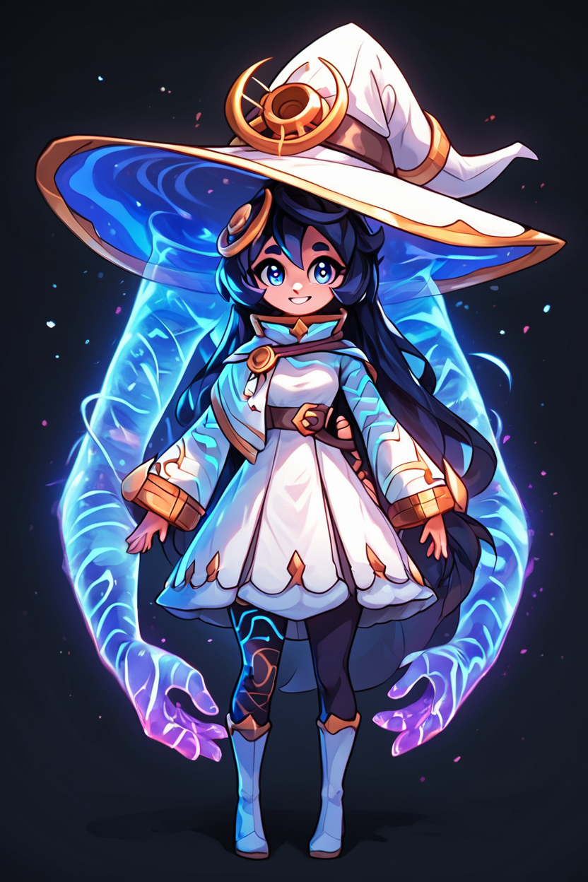 score_9, score_8_up, score_8, medium breasts, (curvy), cute, eyelashes,       BREAK, , ,,,   zzYstra, blue eyes, black hair, long hair,  hat, long sleeves, witch hat, standing, full body, dress, blue hair, white dress,  <lora:Ystra_AstralWitch_AlexisPflaum_PDXL:0.8>, ,,,, BREAK, embedding:zPDXL, Expressiveh, ,,, <lora:EnergyCAT:1.0>, solo, smile, looking at viewer, aura, blue sky, ,,, <lora:SDXLFaeTastic2400:0.5>, <lora:Expressive_H-000001:0.4>,