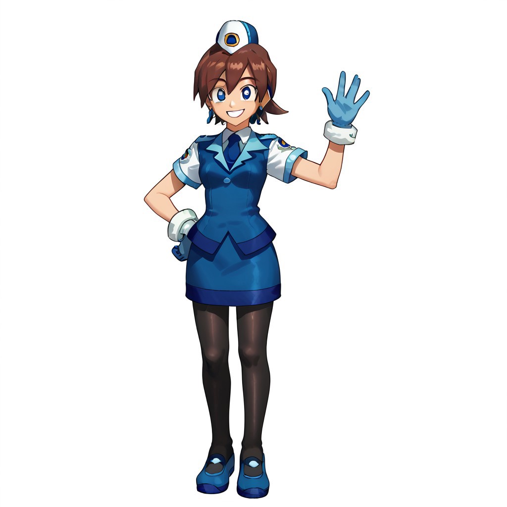 1girl,solo,gloves,brown hair,hat,uniform,skirt,earrings,short hair,blue eyes,blue necktie,pantyhose,smiling,standing,waving,one hand down,shoes,full body