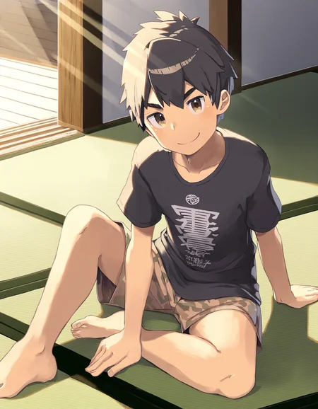 masterpiece, steelwire-style, indoors, tatami, sunlight, 1boy, brown eyes, black hair, solo, looking at viewer, smile, t-shirt, shorts, sitting on floor, barefoot, arm support, arm between legs <lora:steelwire_naiXL_v1Nd-ShoAI:1>