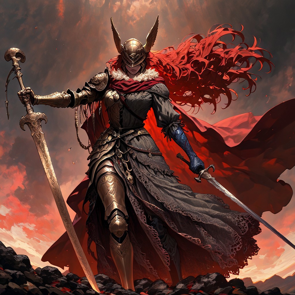 masterpiece, best quality, newest, absurdres, highres, GDILV1.0, 1girl, malenia blade of miquella, floating hair, red hair, long hair, prosthetic leg, armor, gold armor, winged helmet, armor, red cape, prosthetic arm, single mechanical arm, 
holding sword, sword, weapon, holding, holding weapon