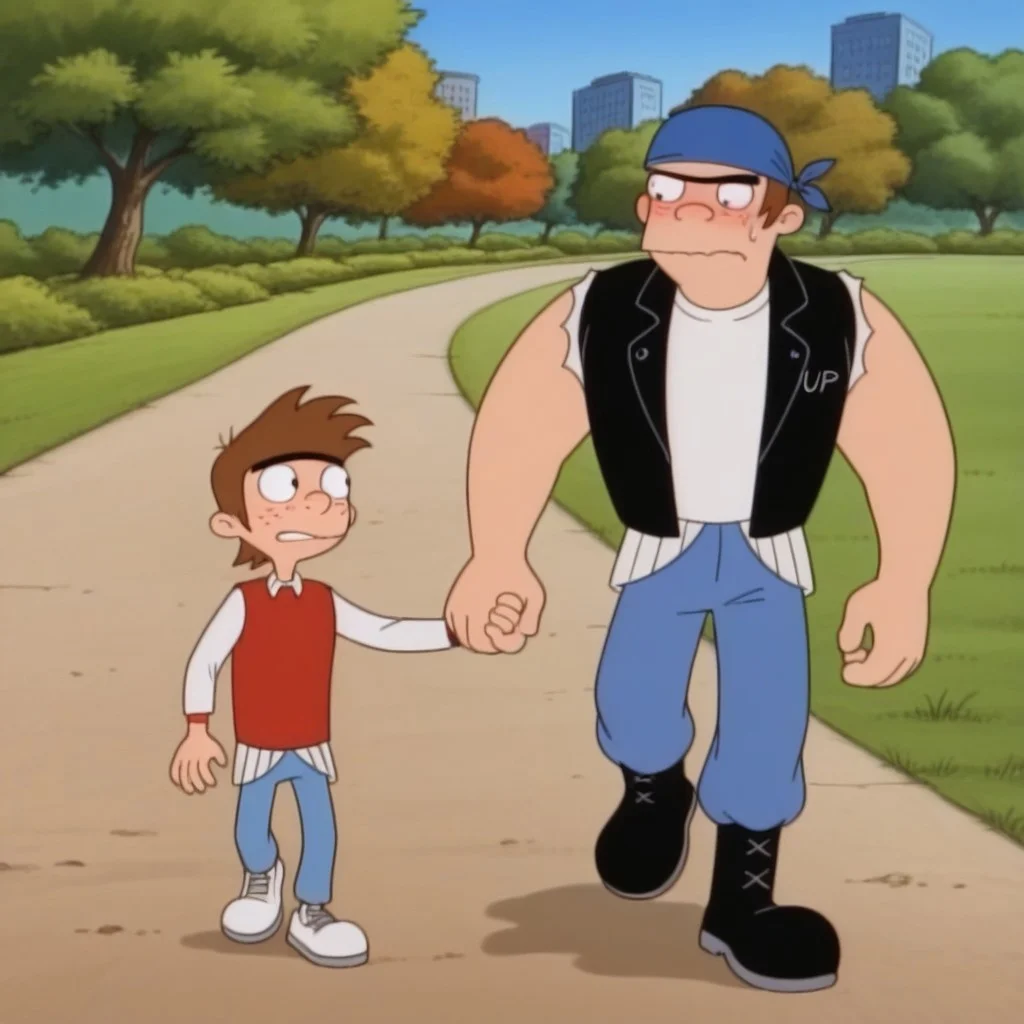 source_cartoon, score_9, score_8_up, score_7_up, High Quality, 2boys, body difference, break
torvald, 1boy, blue bandana, brown hair, black eyes, unibrow, thick eyebrow, big body, blue pants, black leather boots, red sleeveless shirt, black sleeveless jacket, open jacket, break
1boy, Black hair, Black eyes, short hair, Black eyebrows, thin, white shirt, blue pants, white tennis shoes, freckles, blushing,break
holding hands, nervous, park, grass, blue sky, sunny,